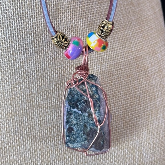 Amethyst Crystalline Wire Wrapped Stone Pendant Necklace Handmade Leather Cord - Picture 5 of 15